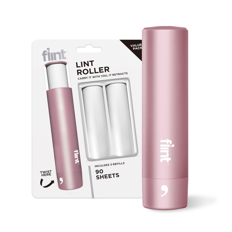 Flint Rose Gold Retractable Mini Lint Roller with 90 Extra Sticky Sheets Small and Portable Lint Roller Ideal Pet Hair Remover Travel Lint Rollers for pet Hair Extra Sticky
